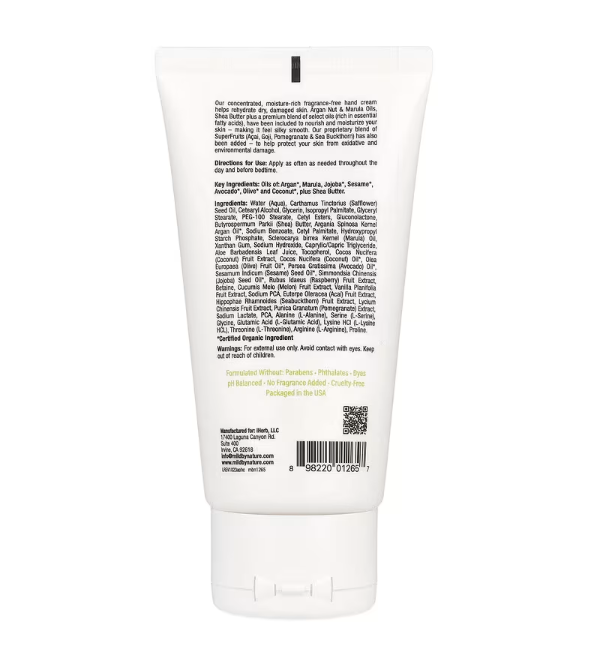 Mild By Nature, Argan Oil Hand Cream with Marula Oil & Coconut Oil plus Shea Butter, Soothing and Unscented, 2.5 oz (71 g)