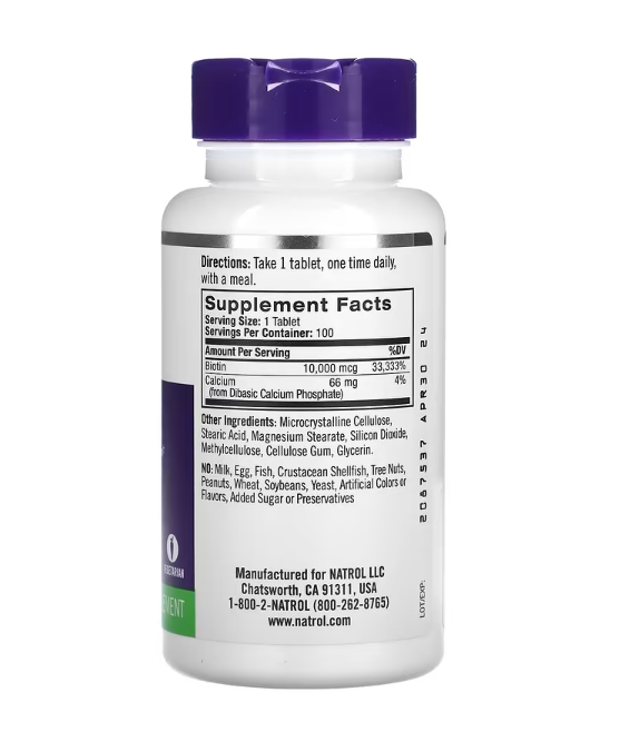 Natrol, Biotin, Maximum Strength, 10,000 mcg, 100 Tablets
