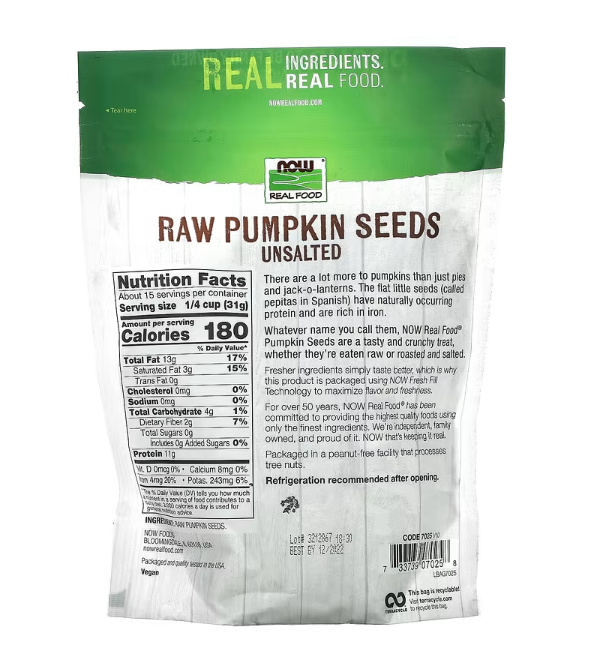 NOW Foods, Real Food, Raw Pumpkin Seeds, Unsalted, 16 oz (454 g)