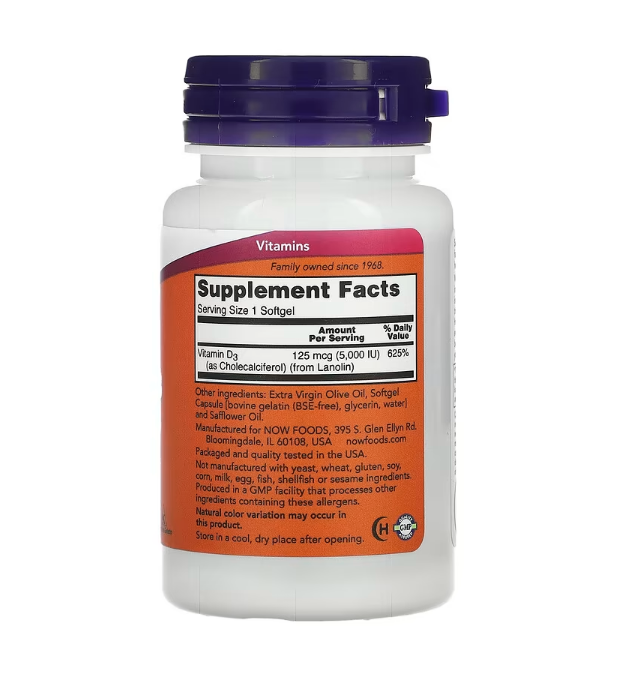 NOW Foods, Vitamin D-3, High Potency, 5,000 IU, 120 Softgels