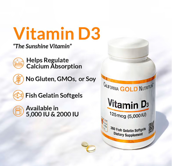 California Gold Nutrition, Vitamin D3, 125 mcg (5,000 IU), 90 Fish Gelatin Softgels